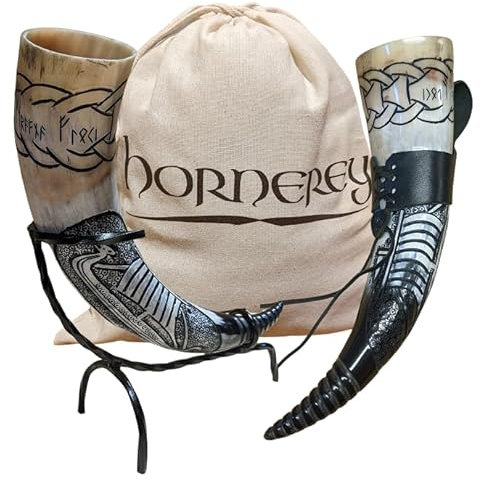 Trinkhorn Set Floki's Horn mit Ständer und Gürtelhalter, 500 ml, Wikinger Trinkhorn Set mit Ständer und Gürtelhalter, Methorn, LARP, Horn