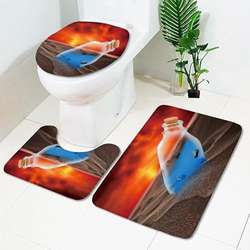 Badezimmerteppich Roter Blauer Strand WC Vorleger mit Ausschnitt WC Deckelbezug 3 Teiliges WC Teppich rutschfeste Badgarnitur U förmiger Badematte Waschbar Bad Teppiche Set 50x80 cm