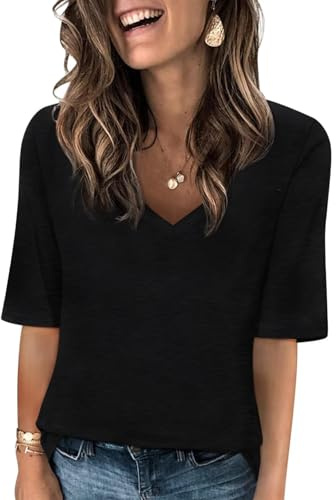 AirMood Camisetas de Verano con Cuello en V para Mujer, Estilo Casual, de Media Manga, holgadas, Negro, XXL