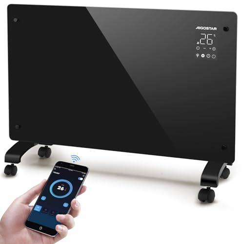 Aigostar Smart Electric WiFi Glass Panel Heater 2000W - Rapid Whole-Room Heating with Alexa/App Control, Ultra-Quiet, Wall or Floor Use, Energy Saving ECO Mode & Programmable Timer - Helen Smart Black
