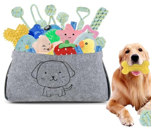 TMBMLPP 24pcs Puppy Toys Set, Squeaky Dog Toys, Cotton Rope Chew Toy, Plush Puppy Dog Toy, Chew Toys for Puppies Teething,Interactive Puppys Starter Toys Set with Storage Box, for Playing and Training