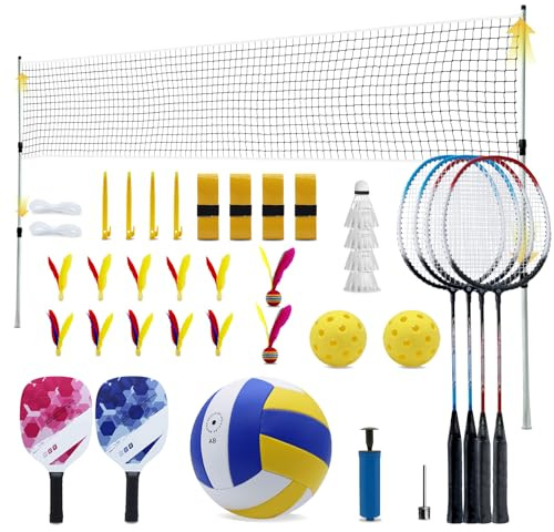 ZHUOKECE Outdoor Portable Volleyball and Badminton Net Combo Set, Official Size 5 Volleyballs Pickleball and Badminton Set for Backyard Games (Blue+Green)