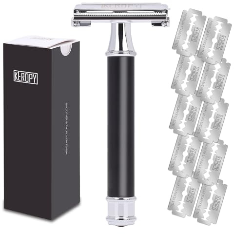 Mens Safety Razor, Black Matte Finish Heavy Weight DE Safety Razor for Wet Shaving, includes 10 Keropy Blades - Vintage Classic Design, Non-Slip Handle - Ideal Gift for Men, Father's Day, Birthday