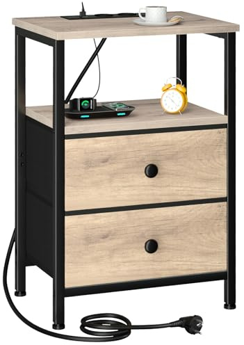 AMHANCIBLE Comodino con funzione di ricarica, tavolino con cassetti in tessuto, divano con ripiano aperto, con 2 porte USB e 2 prese, comodini per camera da letto, soggiorno, grigio HETS020GY-1
