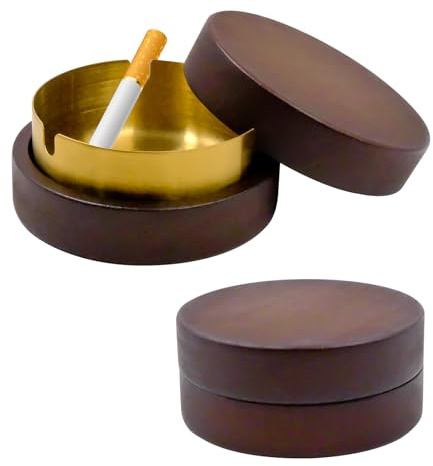 HVIHWI 2 Pezzi Posacenere da Esterno con Coperchio, Posacenere da Tavolo in Legno di Noce, Inserti in Acciaio Inossidabile Rimovibili e Antivento, per Giardino, Terrazzo, Casa e Ufficio