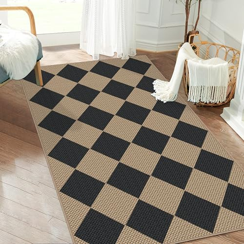 Capslpad Alfombra de pasillo 80 x 150 cm con aspecto de yute a cuadros, alfombra de cocina, lavable natural, alfombra negra, antideslizante, salón, pasillo, entrada, cocina, dormitorio, balcón