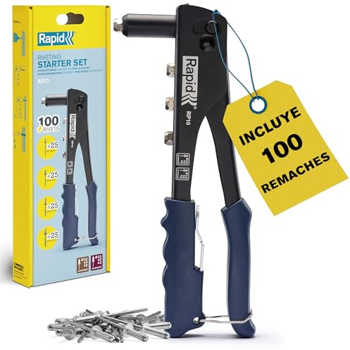 Rapid RP10 Kit Rivettatrice Manuale con 100 Rivetti in Alluminio, Chiave Integrata e Impugnatura Morbida per Rivetti a Strappo da 3.2, 4.0, 4.8mm (5001718)