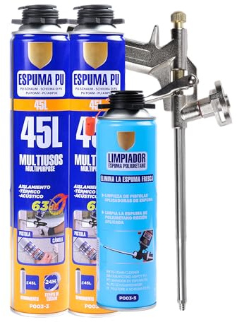 Set Completo de Espuma de Poliuretano - Incluye 2 Botes Espuma Poliuretano 750ml, 1 Pistola de Espuma Poliuretano y 1 Limpiador de Espuma 500ml