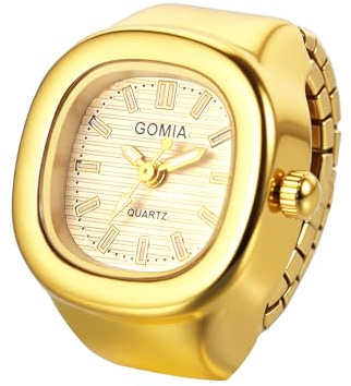 OIDEA Finger Watches Ring for Women Men: Simple Gold Square Dial Analog Quartz Clock Ring Watches with Stainless Steel Elastic Strap