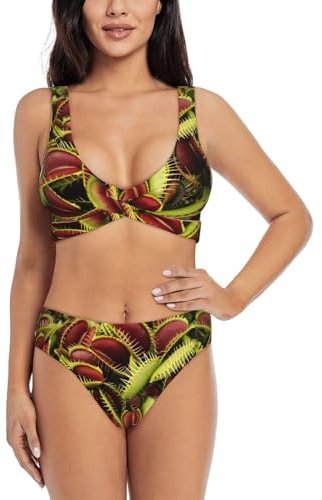 HKHLHLH Köttätande växt elegant bikiniset för kvinnor med kors fram och U baksida design för sommar strandsemester, Svart, XXL