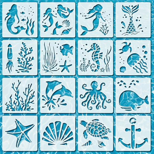 JYXNU 16 Piezas Plantillas de pintura de criaturas marinas, Plantillas de Pintura y Dibujo en Color para Niños Reutilizables, DIY Plástico Plantillas para Scrapbooking, Diario y Álbum de Bricolaje