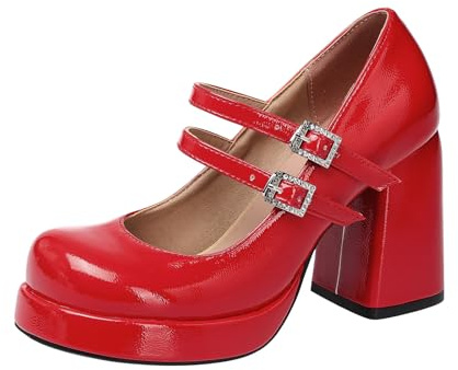 TNMIUH Scarpe Mary Jane con Plateau da Donna, Décolleté con Tacco Largo e Doppia Fibbia Punta Quadrata, 9cm Tacco Largo, Scarpe Eleganti Vintage,Rosso,43.5 EU