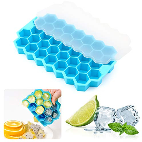 Ice Cube Trays with Lids 37 Cubicle Food Grade Ice Freezer Silicone Ice Cube Maker to Frozen Drinks for Home Bar (Blue)