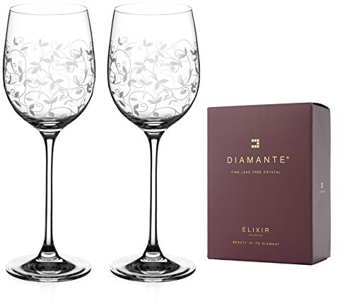 DIAMANTE White Wine Glasses Pair - ‘Floral Moda’ Collection Hand Etched Crystal Wine Glasses - Set of 2