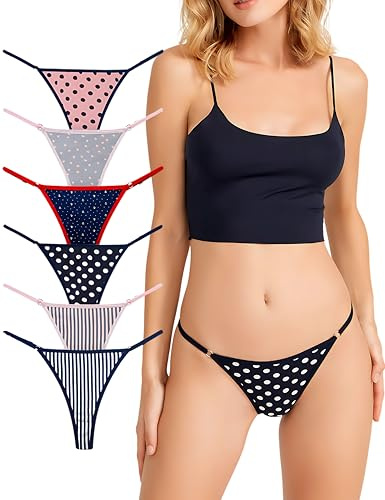 Underwear Women 6 Pack Cotton – Adjustable G String Thong – Low Rise Gstring Tanga – Sexy Women’s Panty Set – V String Thongs
