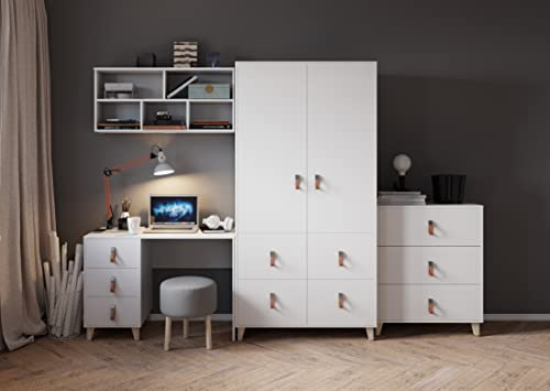 Fabryka Mebli Idźczak Kinderzimmer-Set Figo - Eleganter Schrank für Kinder, Kommode, Schreibtisch, Wandregal - Skandinavischer Stil, Modern Design - Weiß