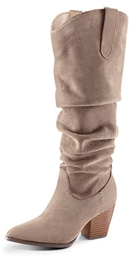 mysoft Women's Cowboy Knee-High Boots Pointed Toe Mid Chunky Heel Pull On Slouchy Boots with Zippers