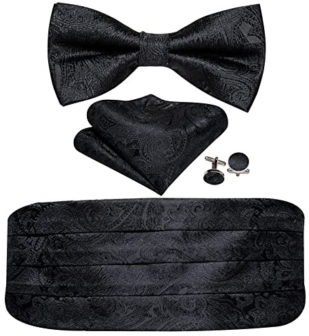 Barry.Wang Cummerbund fluga set för män, siden kummerbund förbunden fluga ficka fyrkantiga manschettknappar, Svart, en storlek