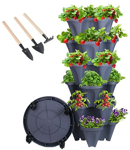 GameXcel Tour de plantation verticale – Jardinière de jardin empilable à 6 niveaux avec roues et outils pour fraises, herbes, fleurs et légumes, utilisation intérieure et extérieure, gris foncé