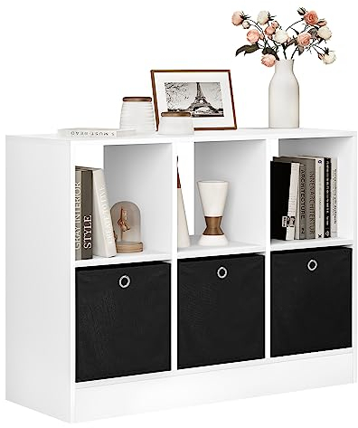 WOLTU SK033ws Bookcase with 3 Drawers Made of Non-Woven Fabric, Standing Shelf with 6 Compartments, Cube Shelf for Bedroom, Living Room, Study, Office, White, 80x30x60cm