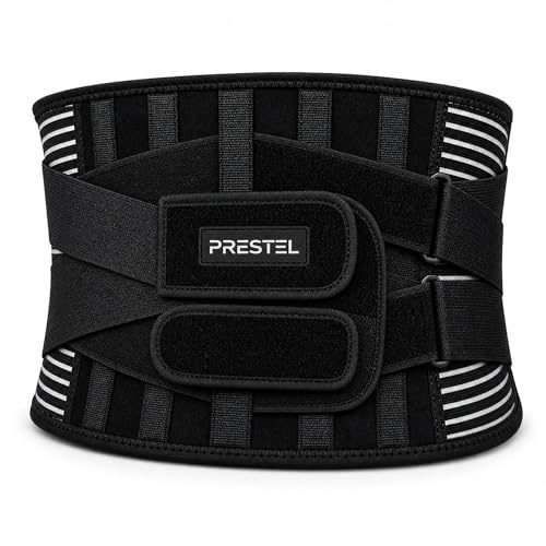 Prestel Lower Back Support Belt for Men and Women, Back Brace for Back Pain Relief with 6 Stays, Breathable Waist Support with Dual Adjustable Straps (M / 24-29 Inches)