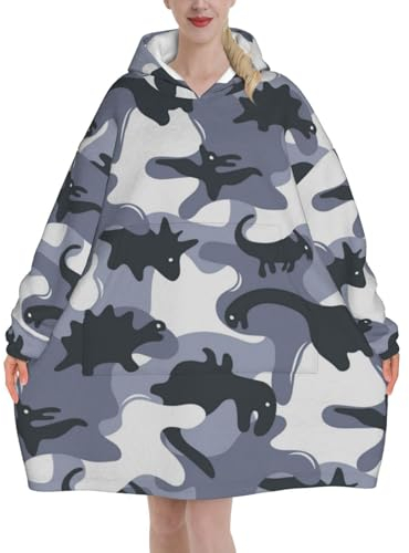 Tragbare Decke, Kapuzenpullover, Camouflage, Armee-Dinosaurier-Muster, übergroße Flanell-Sweatshirt-Decke für Männer und Frauen, Camouflage-Armee-Dinosaurier-Muster, 320g flannel