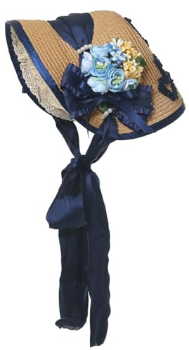 Girls Summer Straw Hat, Dark Blue Bow, Floral Embroidered Headband