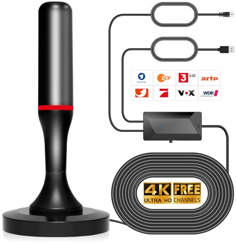 DVB-T/DVB-T2 HD Antenne,TV-Zimmerantenne für Smart-TVs Mit Verstärker und Magnetfuß für 360° HD-Empfang.Unterstützt 4K/1080P - Alle TV-Geräte DAB/UHF/VHF (3 Meter Kabel)