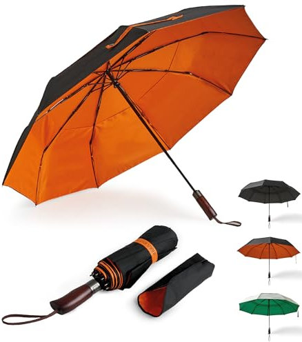 ENGLISH SUMMER Luxury Windproof Umbrella for Rain & Sun: Strong, Automatic, Extra Large Canopy, Vented, Portable Folding, Quality, Real Wooden Handle (Charcoal & Burnt Orange)