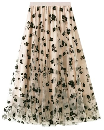 SIUSUMFO Jupe en Tulle Femme Élégante Jupe Plissée Taille Haute Élastique(Abricot)