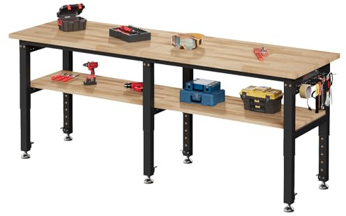 SPECRAFT 84x24 2-Tier Adjustable Workbench with 4 AC Outlet and 2 USB Ports Power Outlets, 6000 Lbs Capacity Heavy Duty Workbench, Rubber Wood Top for Garage, Workshop, Office