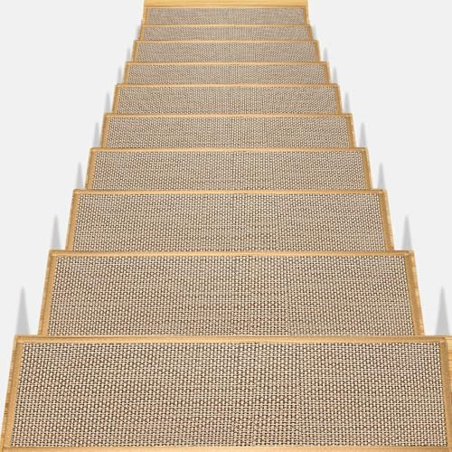 Whemyreat 15 Pcs Stair Mats Anti Slip and Moving Stair Treads Self Adhesive Linen Carpet Stairs Tread with Non Skid Rubber Backing Removable Indoor Runner Rug Cover Mat for Children Elderly and Pet
