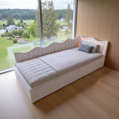 JYNVO Hydraulisk bäddsoffa 90 x 200 cm, barnsäng med förvaringsutrymme och LED-belysning, bäddsoffa med vågigt sänggavel, enkelsäng, ungdomssäng, krämvit sammet