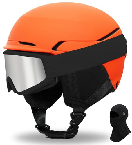 Casque de Ski avec Lunettes de Ski Masque Casque de Snowboard avec Détachable Cache Oreilles pour Hommes Femmes Anti-Vent Anti-UV Casques de Neige (Orange Mat+Masque De Ski+Cagoule, L)