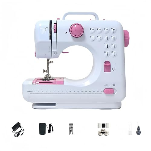 YUMILI Macchina da cucire elettrica a 12 punti, 505 A, macchina da cucire automatica per uso domestico con due fili con 12 programmi di cucito da 220 V, pulsante rosa