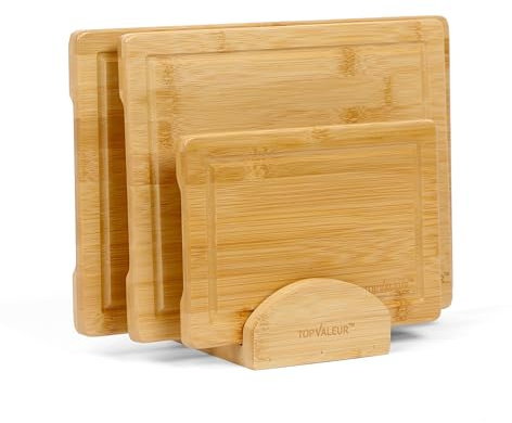 TOPVALEUR Extra Thick Premium Chopping Board Set 3 with Stand Wooden Chopping Boards for Kitchen -Eco-Friendly, and Knife-Friendly Cutting Boards for Meal Prep and Serving 1.5CM Thick (with A Stand)