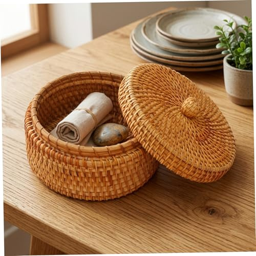Cesta de mimbre con tapa, cesta de almacenamiento de ratán natural para organización del hogar, caja decorativa redonda para llaves, aperitivos, frutas, redonda, utilización interna