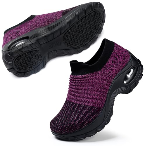 STQ Womens Walking Shoes Slip on Nursing Shoes Air Cushion Wide Fit Wedge Platform Loafers Shoes Outdoor Running Trainers Sneakers , Purple Black Purple, 6.5 UK