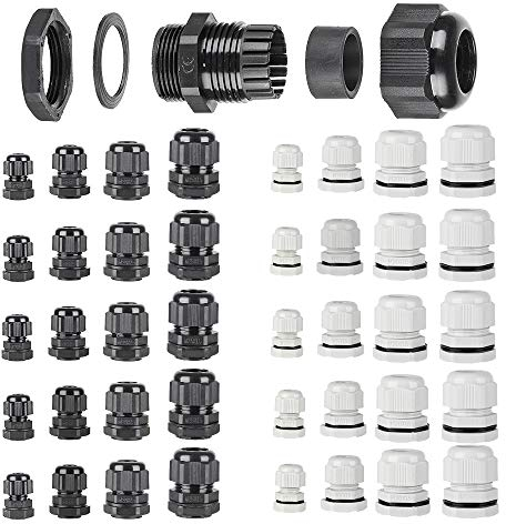 40Pcs Waterproof Cable Gland Conduit Mounts Grey Stuffing Glands Connector M12 M16 M20 M25 (Black & White)