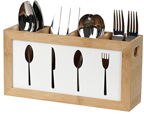 WPAJIRZO Range-couverts en bois à 4 compartiments pour rangement des couverts – Bac à couverts pour table à manger, cuisine, restaurant