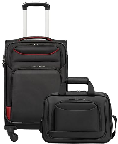 COOLIFE Koffer Trolley Koffer Reisekoffer von 4 Rollen Stoffkoffer Handgepäck TSA-Schloss Der Koffer Enthält 1 Große Umhängetasche (Handgepäck-Set 2tlg, Schwarz+Rot)