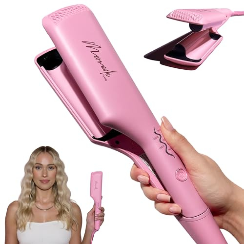 Mermade Hair Deep Hair Waver Tool - Double 1 Barrel Iron for Crimp-Free Beach Waves, Hair Curler for Women, Ionic Ceramic Plates, Reduces Frizz, Suitable for Short, Medium, & Long Hair - Pink