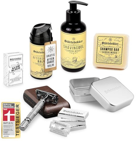 Störtebekker® Shower & Shave Essential Set - set de afeitado y ducha - con maquinilla de afeitar, gel de afeitar, after shave, piedra de alumbre, champú sólido y jabón de aluminio (Plata - Café)
