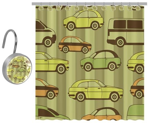 VAPOKF Duschvorhang mit Bus- und Auto-Drucken, Polyester, Duschvorhang-Set mit 10 Edelstahl-Haken, rustikaler Bauernhaus-Badezimmer-Duschvorhang, 167 x 182 cm
