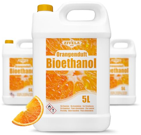 Bioetanolo 96,6% 15 l, profumo di arancio biologico 96,6% 3 x 5 l, bioetanolo per camino, caminetto, camino a bioetanolo, profumo di arancia, combustione pulita, senza fumo, fiamma vivida e stabile