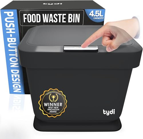 Tydi 4.5L Food Waste Bin with Press-Button Lid – Compost Bins for Kitchen - Anti-Slip Base and Secure Lid Kitchen Compost – Small Indoor Caddy for Cupboard or Countertop – Black