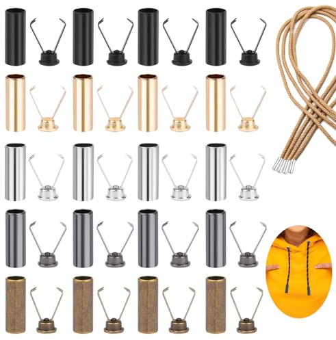 5 colores extremos de cordón de metal, 20 topes de metal, aleaciones de calidad, extremos de cordón, para sudadera con capucha, pantalones, cordones, bolsas, cuerdas de bricolaje, plata, F