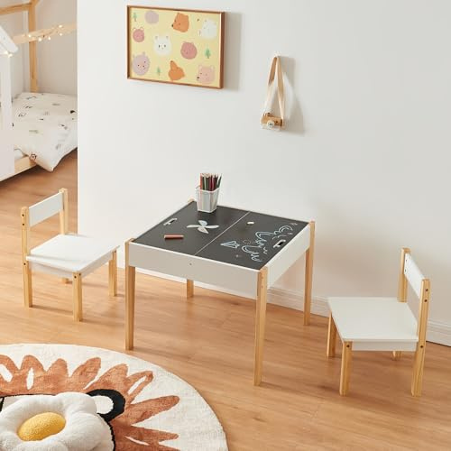 [en.casa] Barnbord med 2 stolar, smedjebackar med tavla, målarbord med avtagbara bordsskivor, bordsbord, barnstolar, barnstol, lekbord, trä, vitt