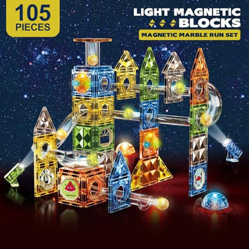 Dilhvy Magnetiska byggstenar 105 delar med magnetkulbana färgglada, Magna Tiles – Montessori konstruktionsleksak,