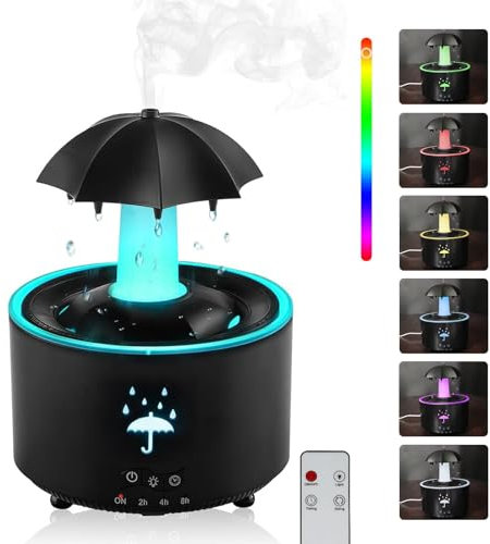 Umbrella Rain Humidifier, 7 Color Umbrella Diffuser with Rain Effect, 300Ml Essential Oil Rainfall Humidifier, 360° Rotatable & Waterless Auto-Off Raindrop Aromatherapy Diffuser (Black)